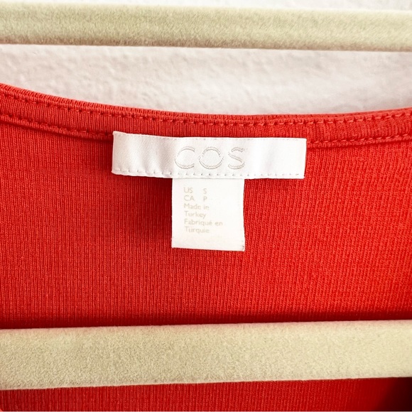 COS Short Sleeved V-neck Cotton Dress, Vibrant Orange Red, Small - Picture 7 of 9